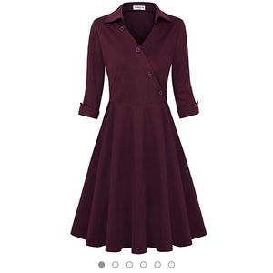 Wine red faux wrap dress with buttons.